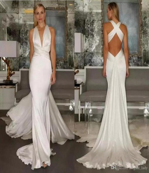 

mermaid wedding dresses beach simple cross belt open back casual deep v neck sgreek goddess leeveless wedding dress5559026, White