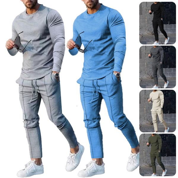 

men's tracksuits men's autumn ultra-thin sportswear two-piece round neck long sleeved t-shirt pants t-shirt and sportswear track s, Gray