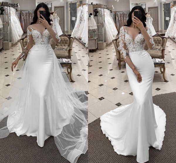 

lace v neck mermaid wedding dresses with detachable tulle skirt illusion long sleeves bohemian country bride robes de mariee slim and flare, White