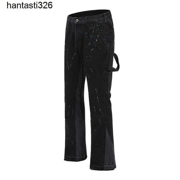 

men's men new pants gallerses street fashion stitching washing dept old hand-painted splash basic micro flared loosevofd, Blue