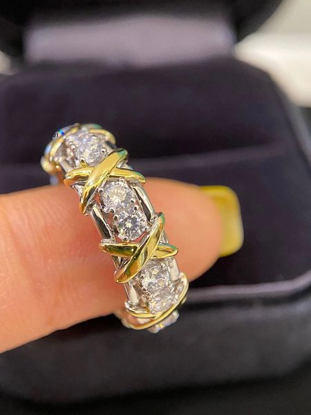 

classic vintage luxury ring band schlumberger brand designer 925 sterling silver cross claw crystal finger cluster for women wedding fashion, Golden;silver