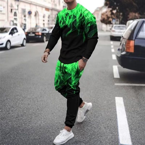 

men's tracksuits spring men's track and field clothing men's sportswear men's set color flame t-shirt set long sleeved g, Gray