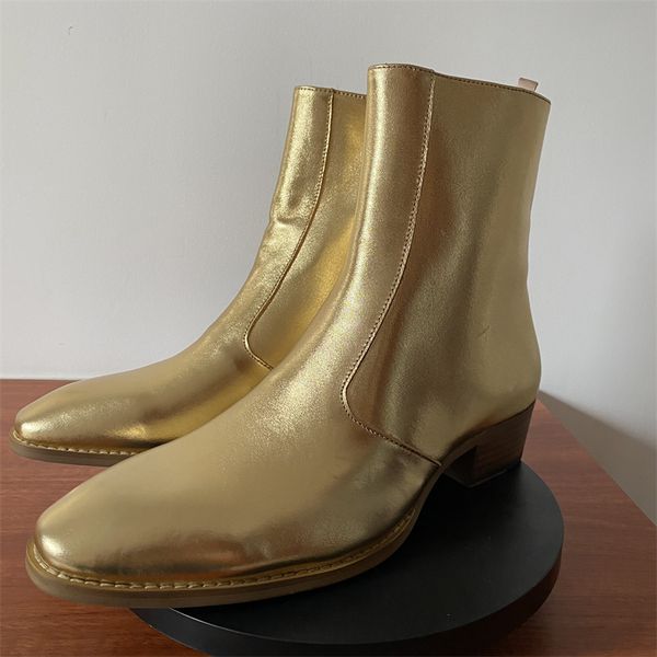 

real leather golden zipper dress slm fit boots wedding party stage wedge heel men booties, Black