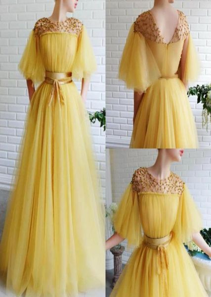 

2020 yellow evening dresses jewel neck a line lace beaded floor length fairy prom dress tulle evening party wear4541719, Black;red