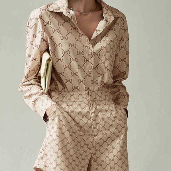 

women's tracksuits women's two piece set satin silk printed long sleeves v-neck summer dress high waist shorts casual shirt 2022, Gray