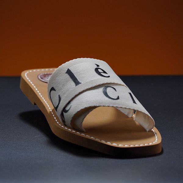 

designer sandals slippers for women mules flat slides light tan beige white black pink lace lettering fabric canvas slippers womens summer o