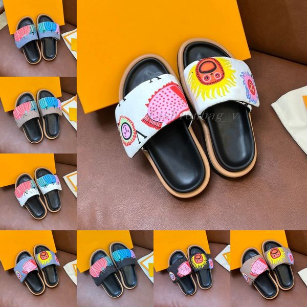 

designer sandals women men slippers pool pillow comfort flat bottom shoes print pattern lady nylon strap mule sunset flat, Black