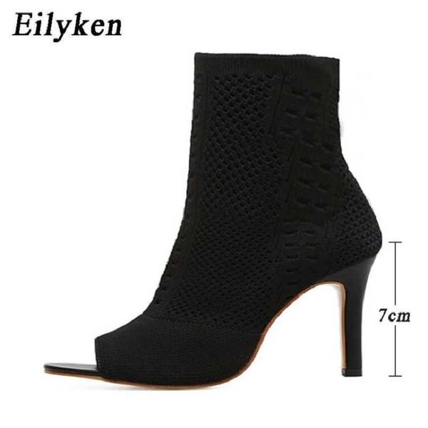 

new spring pole dancing ankle sandal women boots peep toe knitted stretch fabric cut-out stilettos high heels shoes 230306, Black