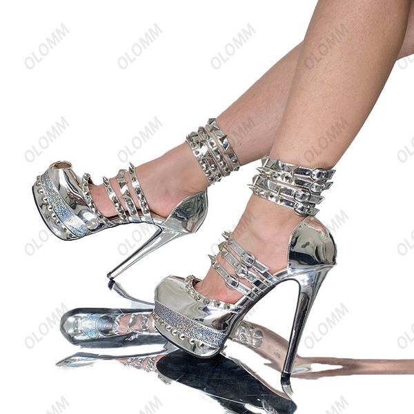 

olomm new women platform sandals rivets thin high heels sandals peep toe gold party shoes women us plus size 4-12, Black