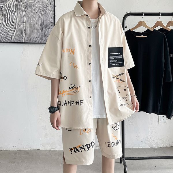 

men's tracksuits summer shorts sets men casual letter graffiti print short sleeve clothes patchwork large size shirt suits man black be, Gray