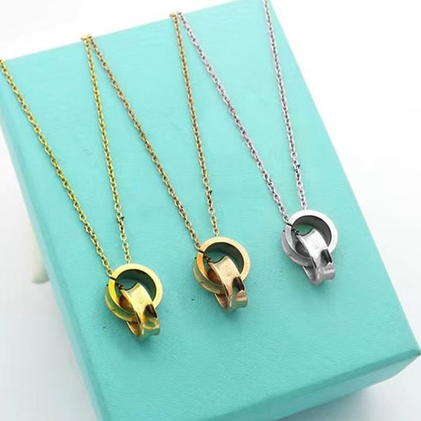 

18k gold titanium steel t-letter double ring pendant necklace for women luxury charm double ring necklace fashion designer jewelry, Silver