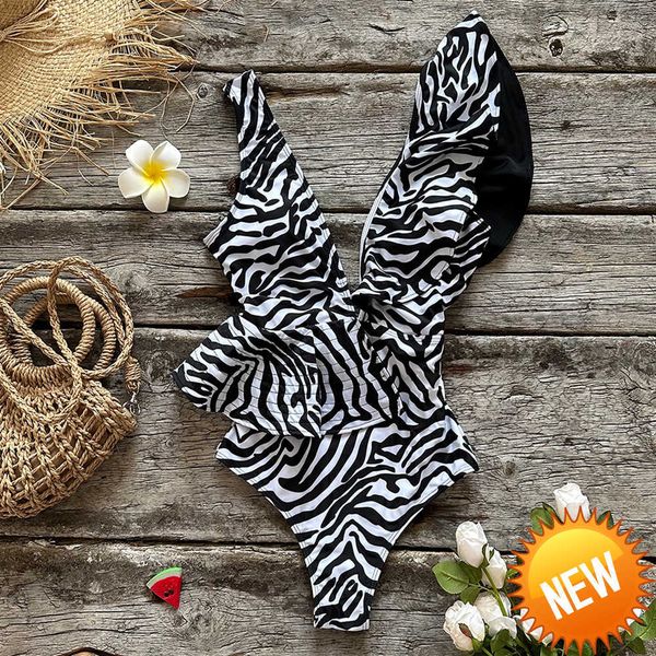 

one piece swimsuit 2023 zebra swimwear women one shoulder ruffle bathing suit beachwear v-neck swimsuit swim