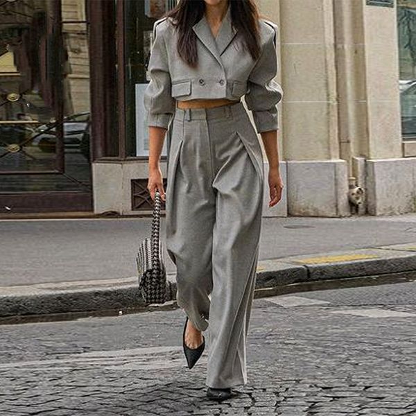 

women's two piece pant fashion short blazer set casual solid long sleeve lapel suits lady high streetwear loose pants sets 230406, White