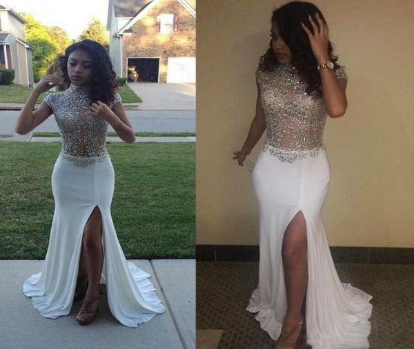 

gorgeous shinning beaded high neck prom dresses 2k17 cap sleeve white chiffon high split evening gowns see through cocktail party 9327069, Black
