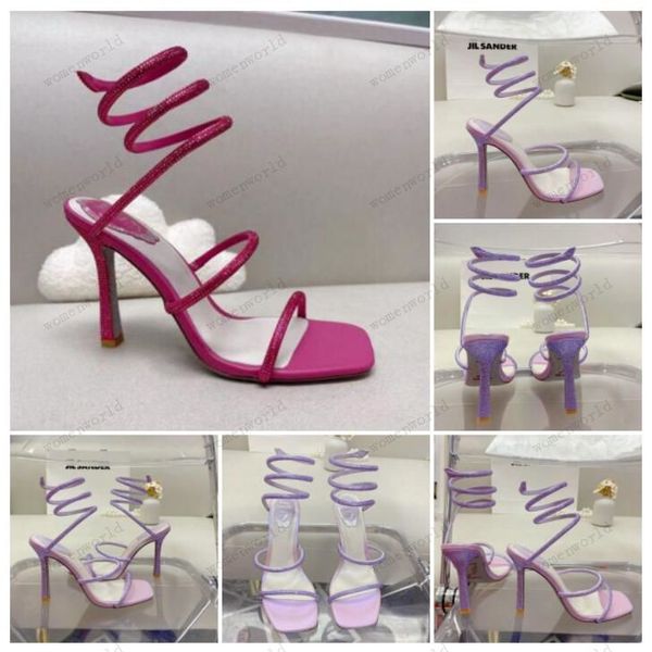 

rene caovilla 10cm stiletto high heel sandals crystal karung champagne snakelike twining rhinestone sandals women summer thick heels shoes a, Black