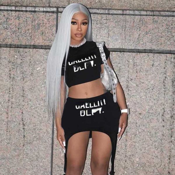 

retail designer womens two piece dress 2023 summer fashion letter print crewneck short sleeve crop skirt set, White