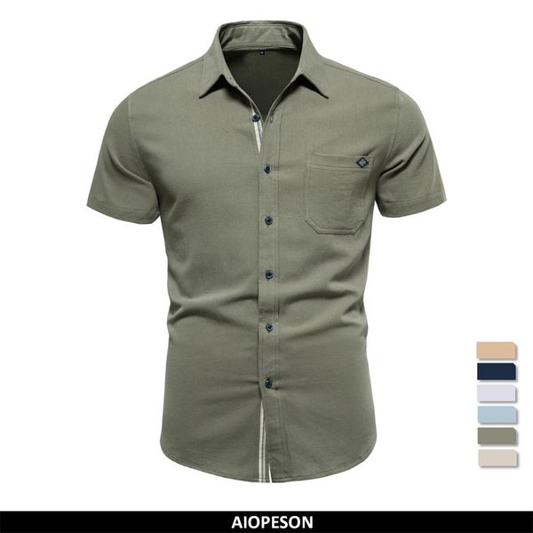 

men's casual shirts aiopeson 100% cotton men's short sleeve shirts solid color social shirts for men single pocket summer designer, White;black