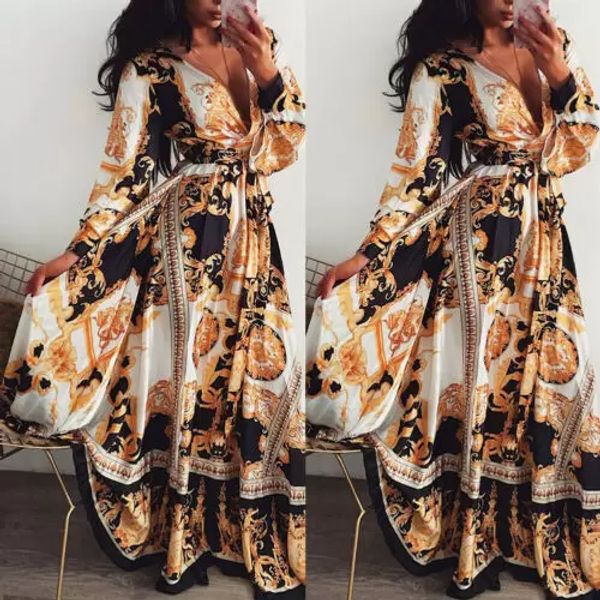 

tpjb women boho wrap summer lond dress holiday maxi loose sundress floral print v-neck long sleeve elegante dresses cocktail party, Black;gray