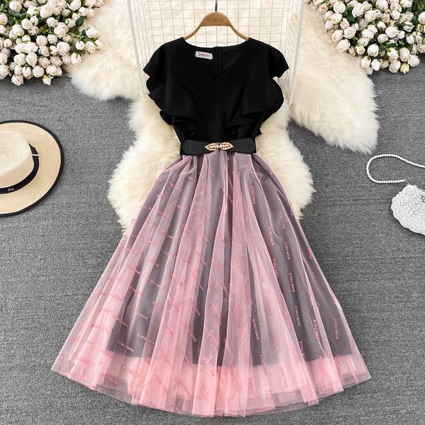 

celebrity temperament fake two piece dress v-neck flying sleeves ruffled edge panel mesh a-line dress elegant large swing long dress, Black;gray