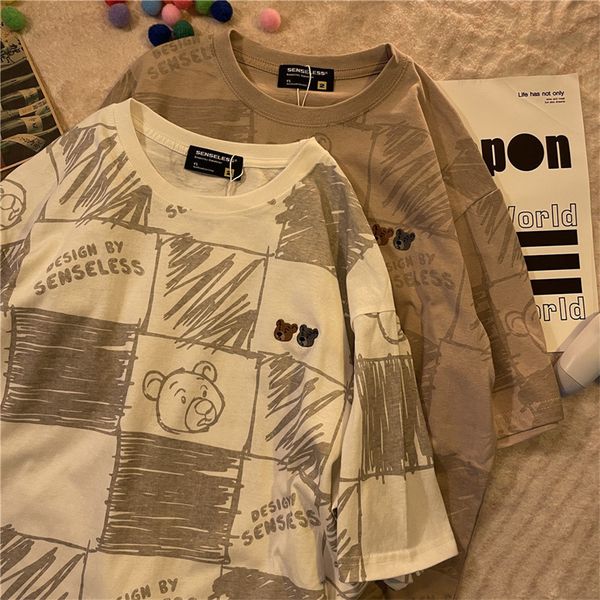 

women's tshirt summer style national full print cartoon bear kawaii shortsleeved female retro loose harajuku casual oversize 230406, White
