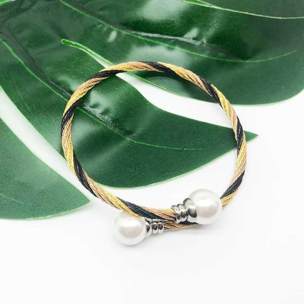 

bangle stainless steel wire rope bracelet with three color pearl woven hemp opening for both men and women xynz 6qnh, Black