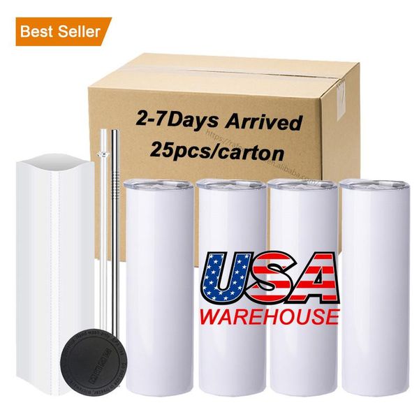 

50 pcs/carton us /ca local sublimation blanks mug 20oz stainless steel straight tumblers white tumblers with lids and straw heat transfer cu