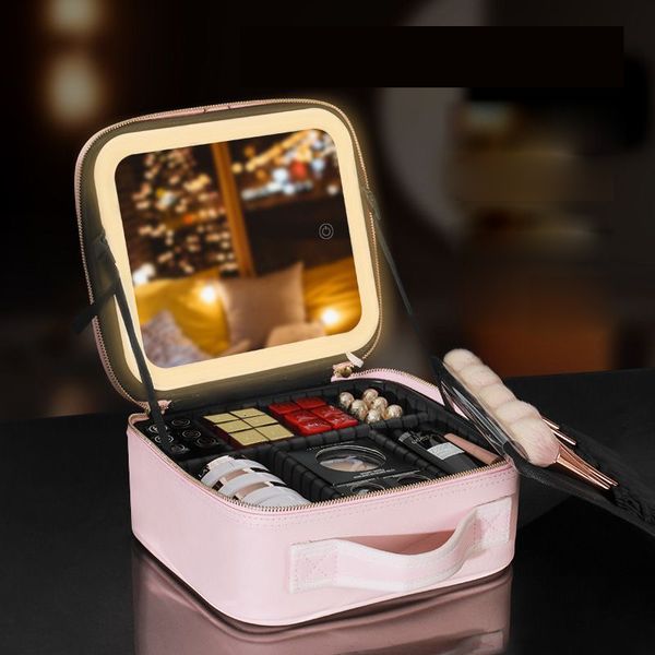 

cosmetic bags cases led light makeup bag with mirror large capacity pu leather waterproof travel makeup bag 230406