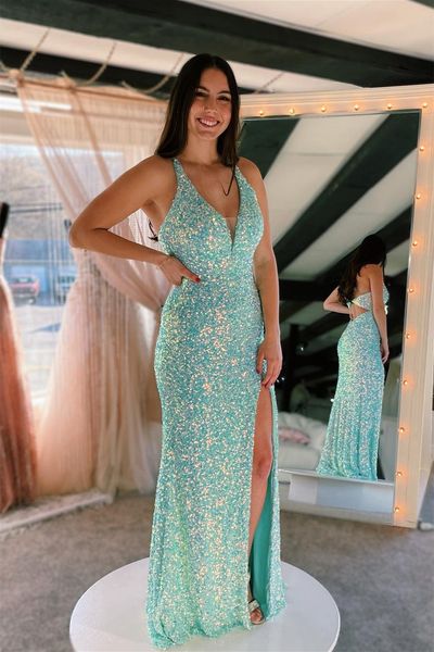 

splendid blue mermaid long prom dress v neck sequins halter cut-out with slit split evening gowns pageant party dresses open back, Black
