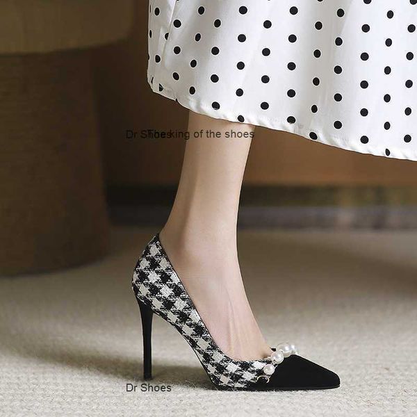 

dress shoes grid high-heeled women's fall new small fragrant professional work shoes pointy temperament small single shoes women, Black