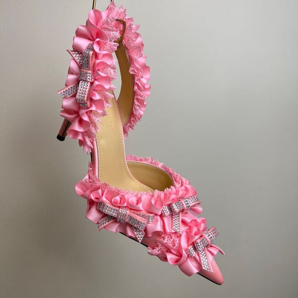 

Mach Satin Silk Bow Crystal Slingback Pumps Evening party shoes stiletto high heeled sandals womens Luxury Designers fashion Dress Heels factory footwear Size 35-42, Brown