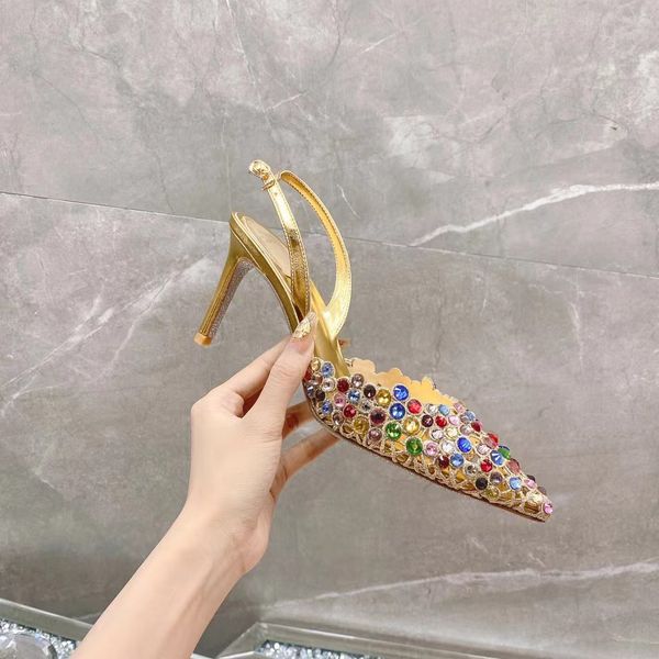 

rene caovilla fashion sandals designer high heels 7.5cm women wedding shoes crystal decoration real leather toe pointed ankle strap buckle d, Black