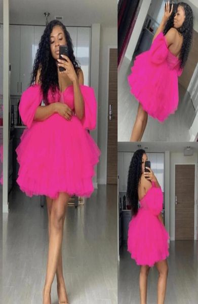 

fuchsia off shoulder mini homecoming dress short sleeves short party dresses robe de soiree puffy tulle prom wear abiye vestido de8229764, Blue;pink