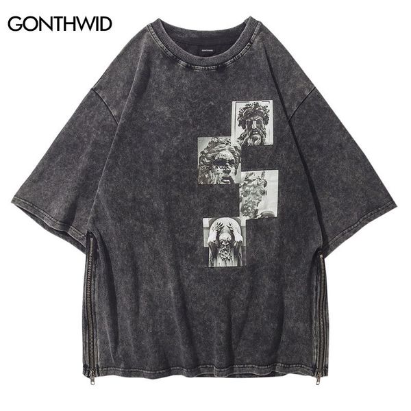 

mens tshirts vintage tshirt streetwear men statues print distressed zipper tshirt hip hop harajuku casual cotton punk gothic tees shirts 230, White;black