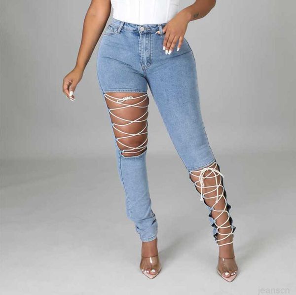 

women new elastic perforated leggings fashion creative strap distressed hole jeans, Blue