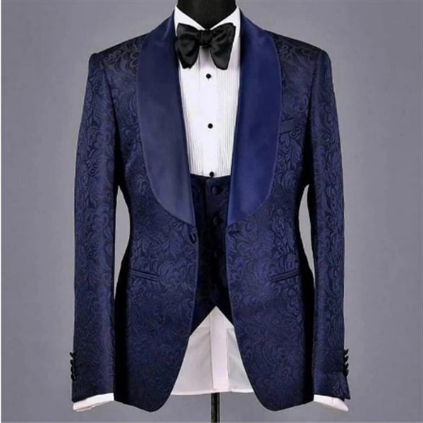 

men's suits blazers navy blue floral jacquard groom's tuxedo suitable for weddings slim fitting 3-piece men's set jacket belt, White;black