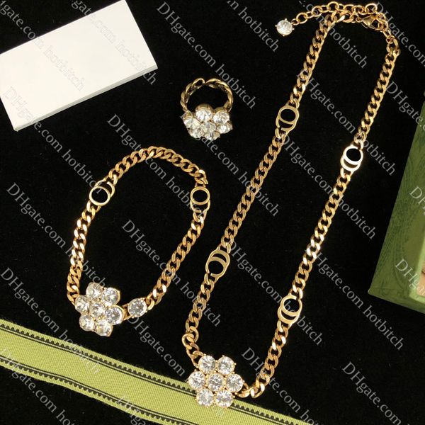 

metal flower diamond necklace shiny diamond women bracelet metal open ring luxury jewelry sets anniversary gift for women, Black
