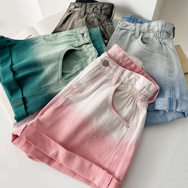 

women's jean's denim shorts 2023 summer lady clothing high waist jeans gradient colors aline casual with pockets 230404, Blue