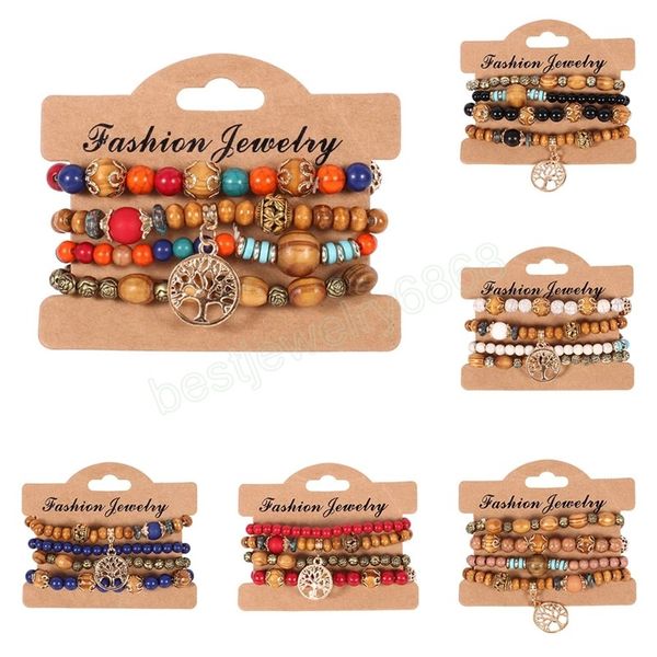 

4pcs/set bohemia wood beads chain bracelet set for women tree of life charm rose flower handmade bangle girls boho jewelry, Golden;silver