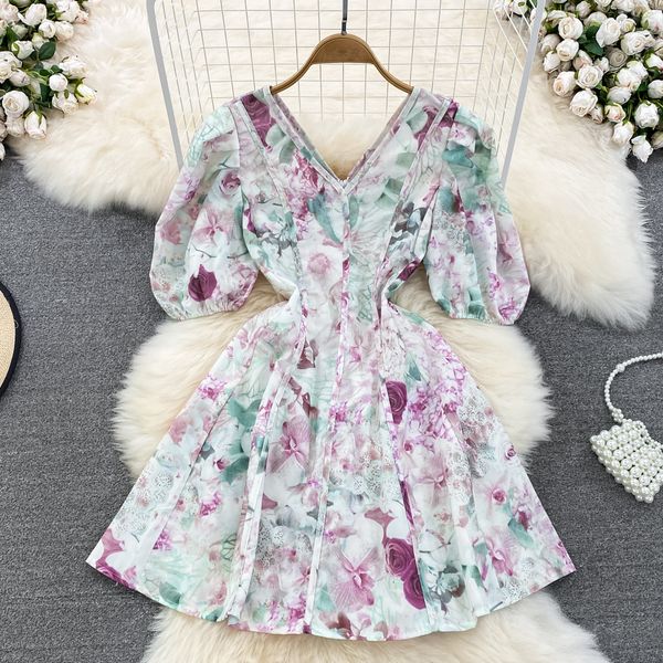 

2023 summer high end light luxury style dress v-neck bubble short sleeves wrapped waist show thin a-line ruffle edge fragmented flower dress, Black;gray