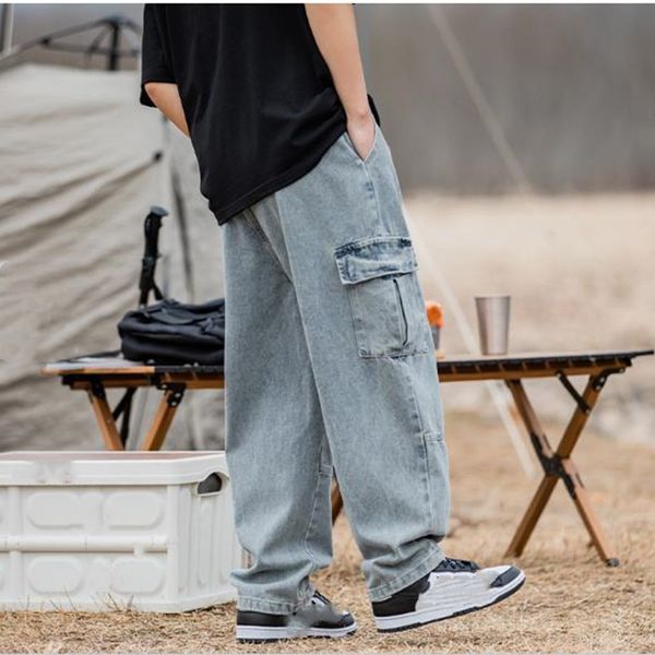 

mens jeans mens loose jeans workwear multipockets cargo straight vintage motorcycle denim drawstring pants casual biker long trousers 230406, Blue