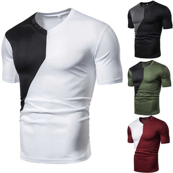 

men's t-shirt new 2023 summer wear large solid color panel leisure sports slim fit short sleeve v-neck t, White;black