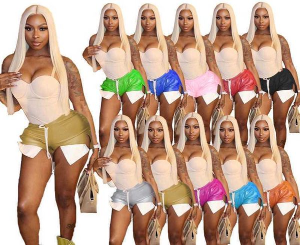 

wholesale women clothing casual multicolors pants lace deep pocket contrast split pu leather shorts, White;black