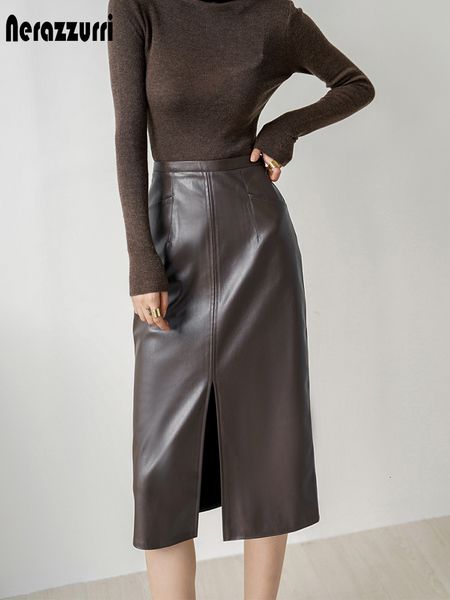 

skirts sapphire spring autumn brown soft pu leather midi leather women's front seam high waist luxury korean fashion 230406, Black