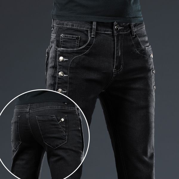 

men's jeans trendy men clothing slim button black jeans solid color stretch skateboard multi-button youth male skinny denim pants 23040, Blue