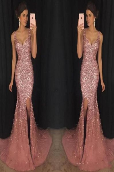 

2020 rose pink bling v neck mermaid evening dresses luxury crystal beaded pageant dress major beading split sweep train formal pro8779395, Black;red