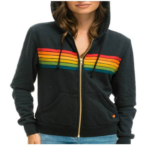 

zip-up jacket women rainbow stripe splicing hoodies long sleeve casual slim hooded sweatshirts autumn fashion europe-usa style, Black