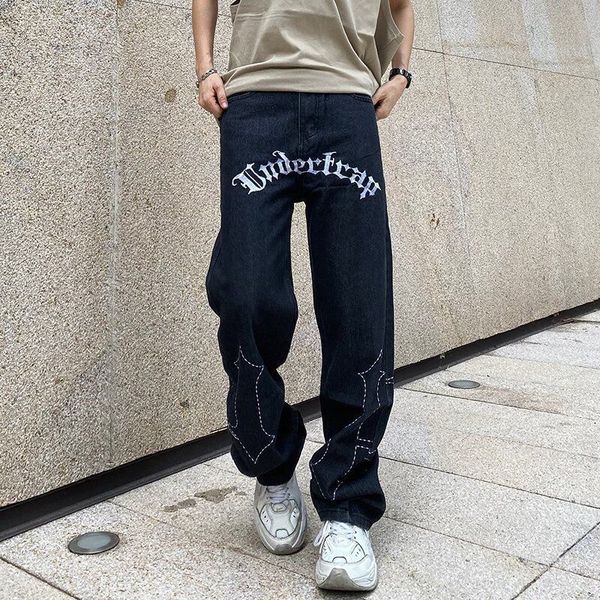 

men's jeans european and american street letter embroidered jeans men's and women's trendy hip-hop style loose straight leg w, Blue