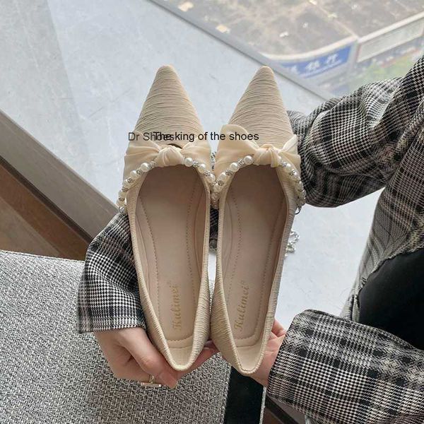 

pointed single shoes women's fashion bow beaded flat shoes shallow mouth temperament soft bottom small fragrant ladle shoes bean, Black