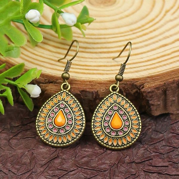 

wholesale charms fashionable vintage water-drop shape earring natural gemstone with environmentally friendly zinc alloy earring, Golden