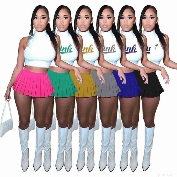 

two piece dress women's summer fashion 2023 letter printed t-shirt pleated mini skirt sets to 2xl, White